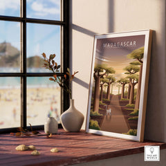 Framed Madagascar Print featuring Avenue of the Baobabs, capturing a vintage travel vibe in a stylish interior setting.