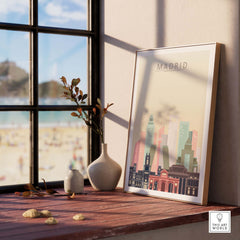 Madrid Skyline Print showcased in a sunlit room, featuring iconic buildings in warm pastel tones.