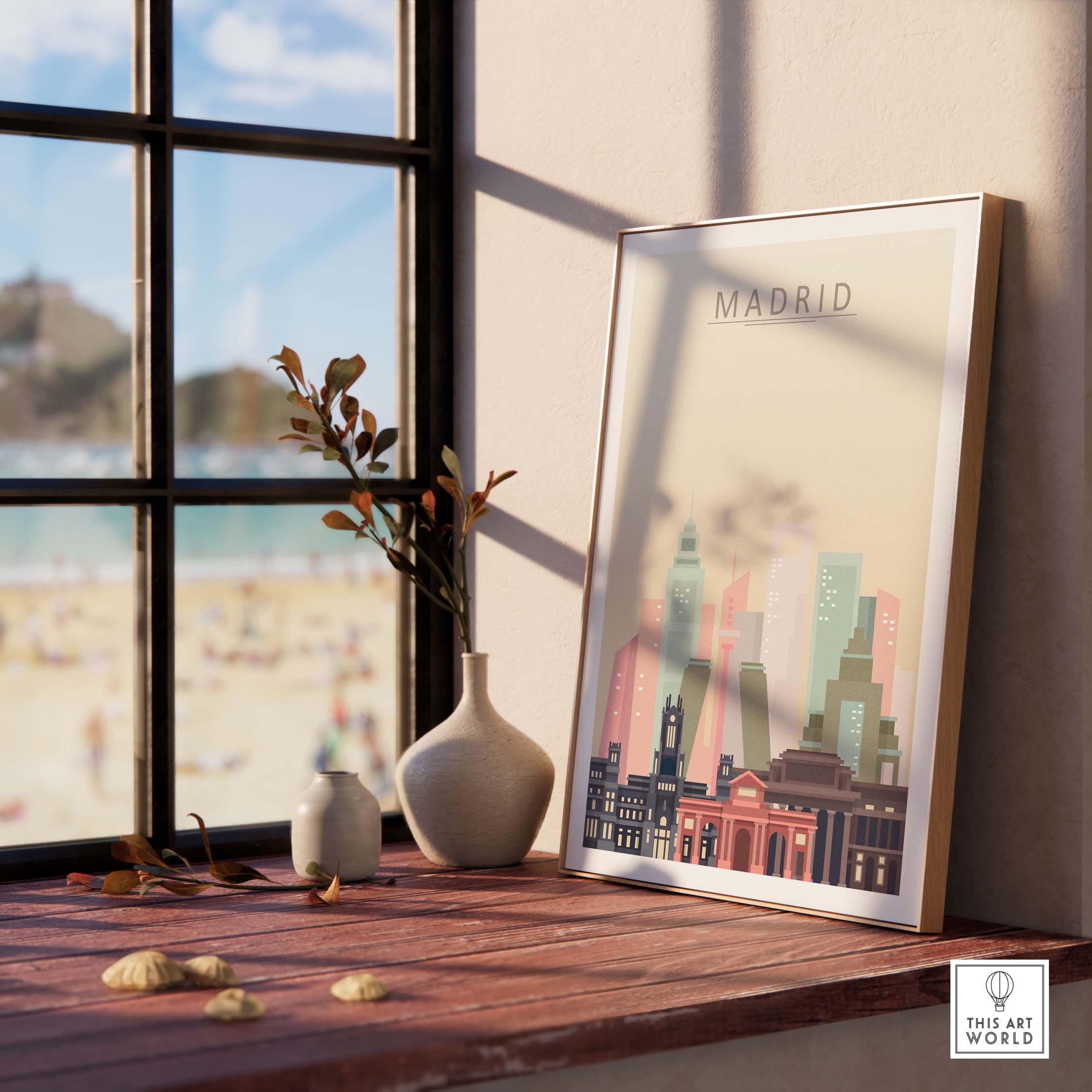 Madrid Skyline Print showcased in a sunlit room, featuring iconic buildings in warm pastel tones.