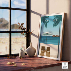 Maldives Poster showcasing a serene beach view with chairs and palm trees, perfect for tropical decor inspiration.