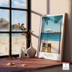 Maldives Print artwork featuring beach chairs and palm trees, perfect for nostalgia and island travel decor.