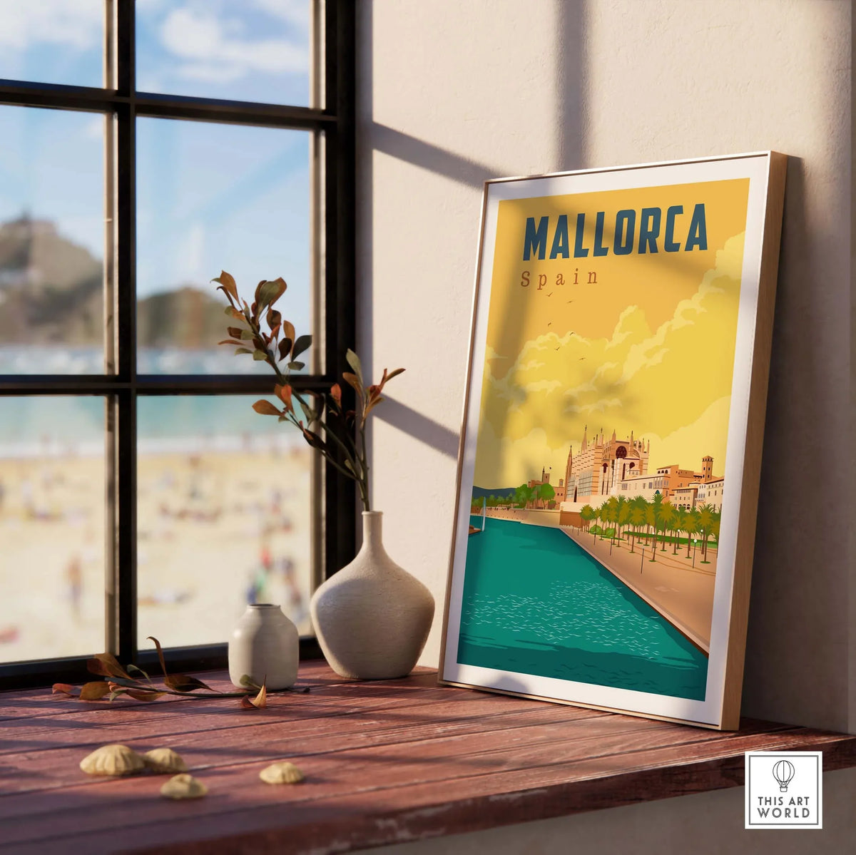 Mallorca Spain print displayed in a bright room by a window, showcasing vintage travel art for home decor.