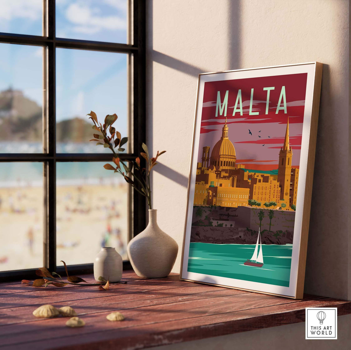 Vintage Malta poster print displayed in a sunlit room with a beach view, ideal for home or office decor.