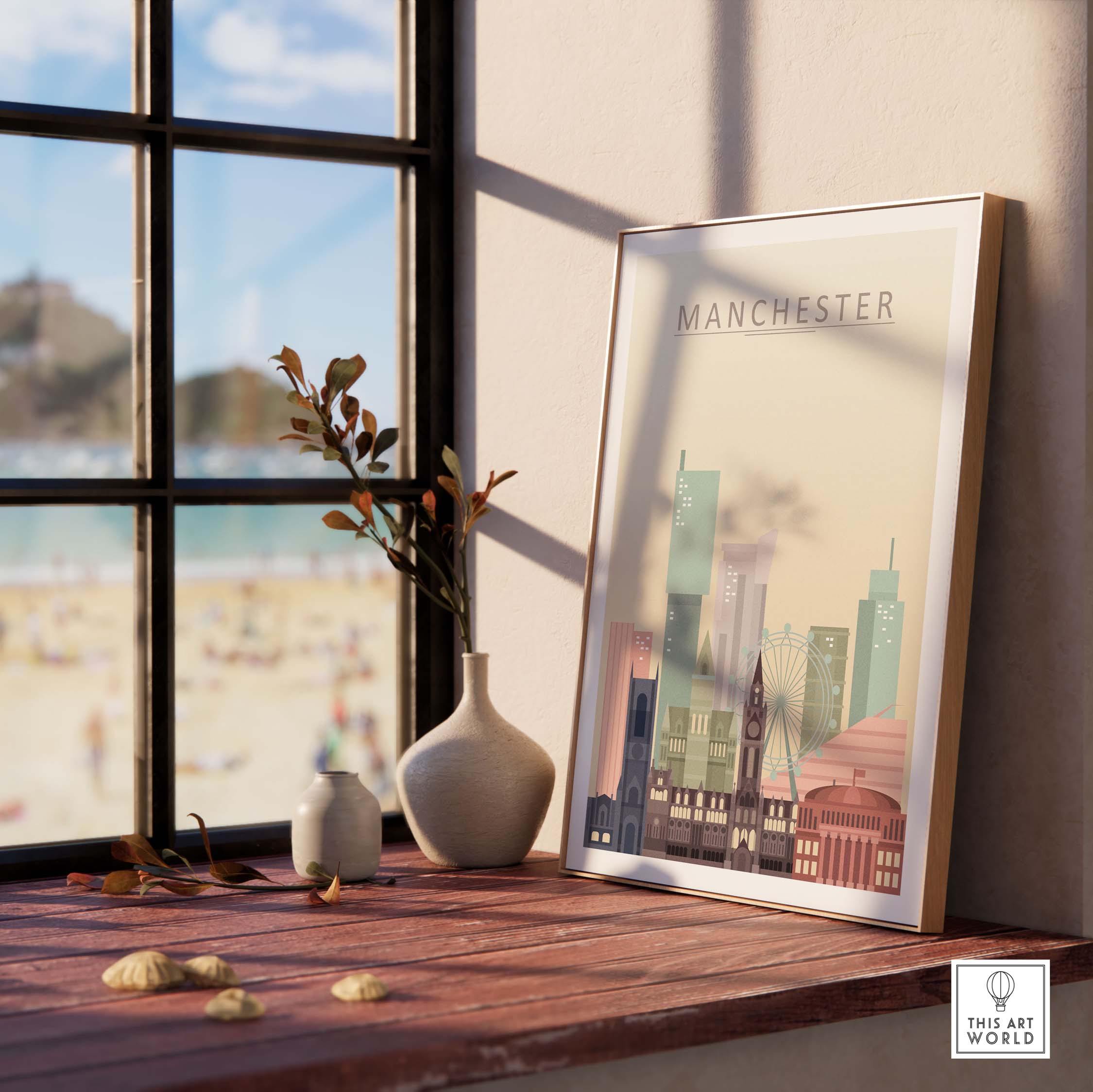 Manchester City skyline print framed on a windowsill, showcasing warm pastel tones and architectural beauty.