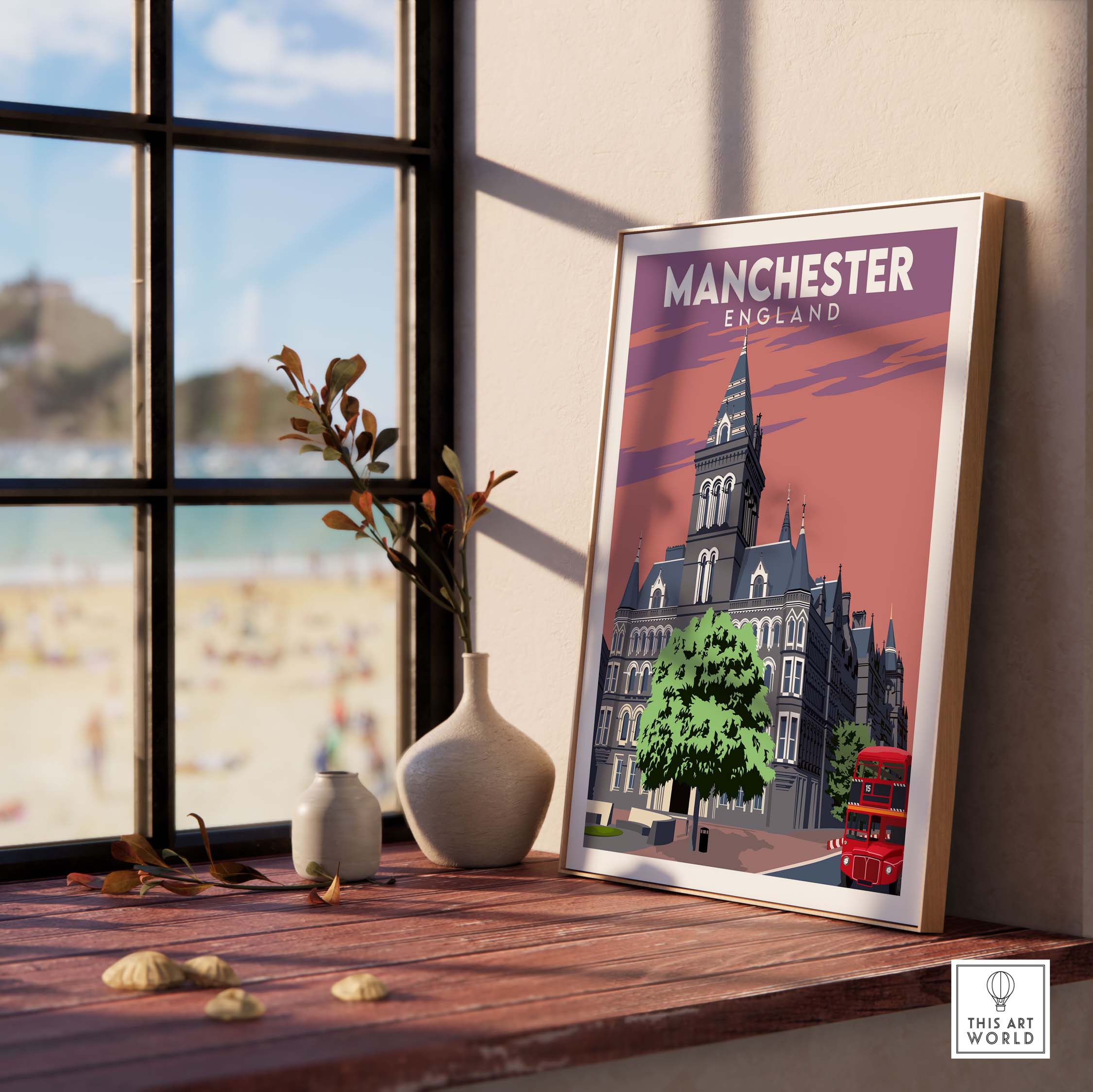 Manchester Poster Print showcasing vintage architecture and a double-decker bus, perfect for home décor.