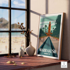 Marrakesh Print Morocco Poster displayed in a sunny room, showcasing vibrant travel art for home decor.