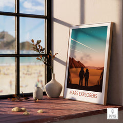 Mars Explorers poster print displayed in a stylish indoor setting with a beach view.
