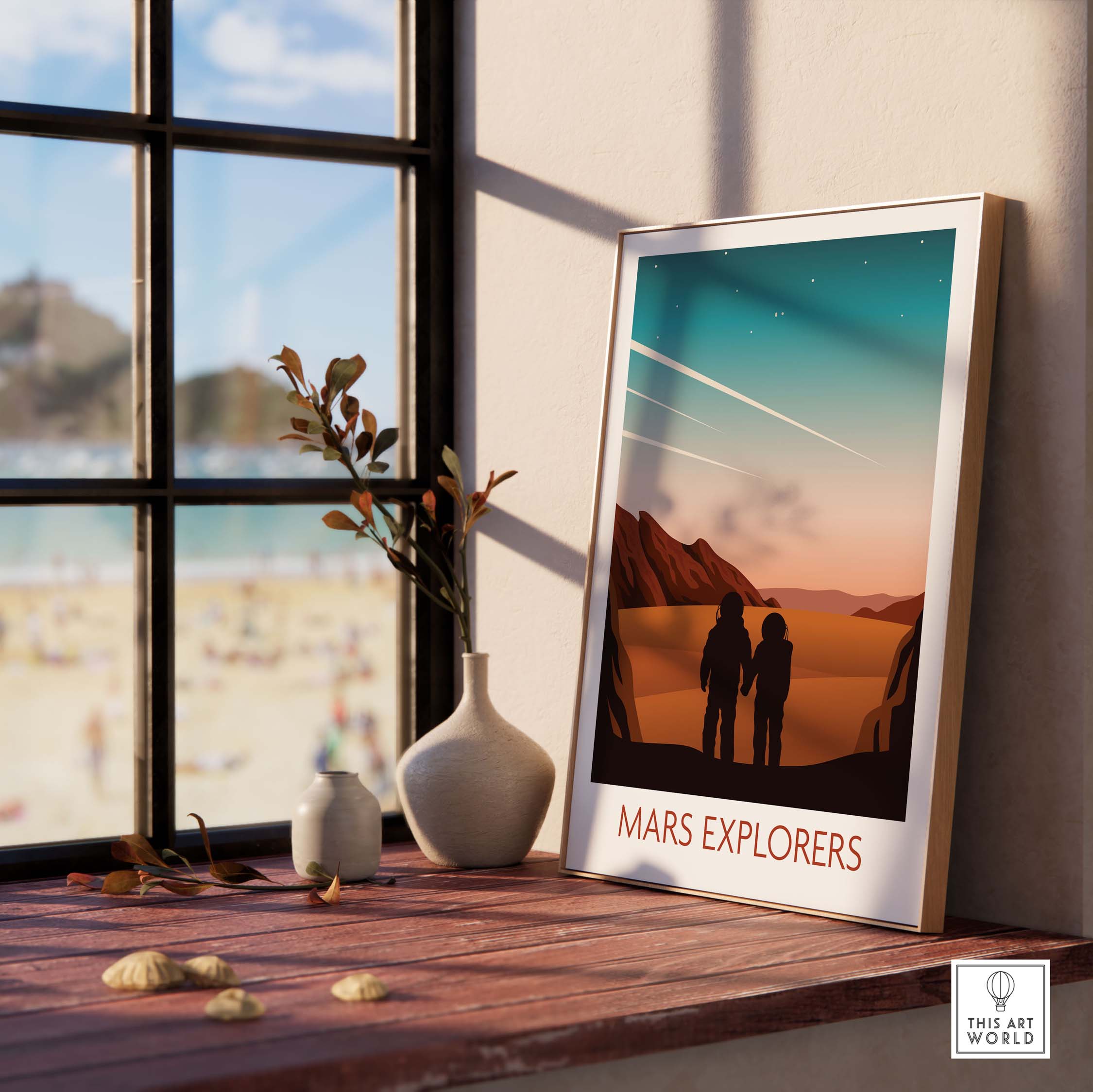 Mars Explorers poster print displayed in a stylish indoor setting with a beach view.
