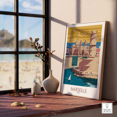 Marseille Poster France Wall Art displayed by a window, showcasing vintage travel aesthetics and coastal scenery.