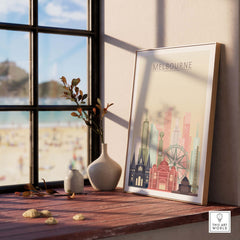 Melbourne Skyline Print showcasing iconic landmarks in warm pastel tones, perfect wall art for modern decor.