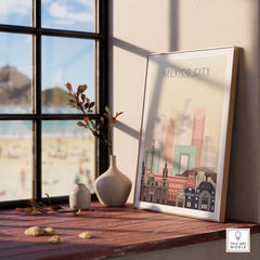 Mexico City skyline wall art print in pastel colors displayed on a wooden table by a window.