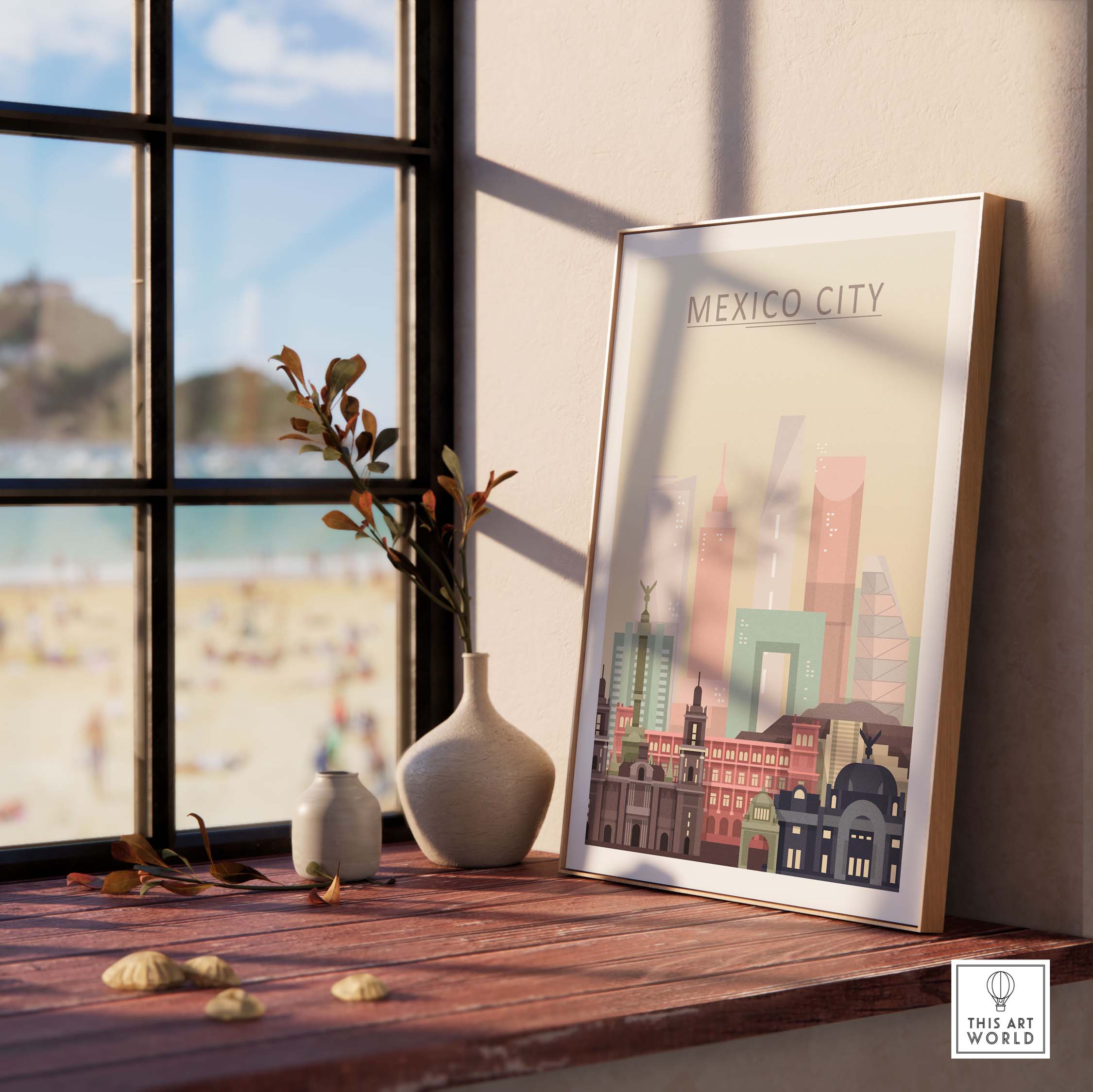 Mexico City skyline wall art print in pastel colors displayed on a wooden table by a window.