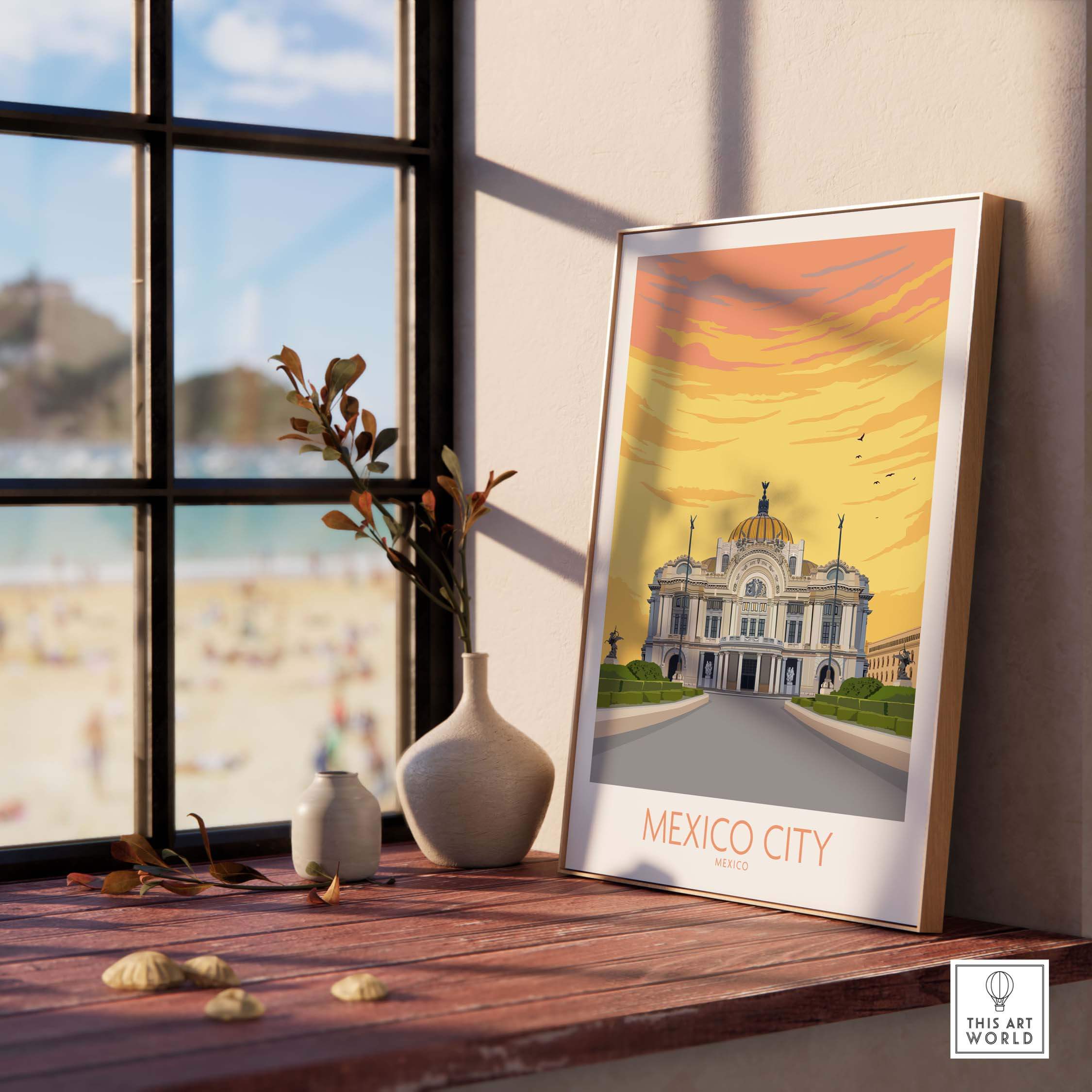Mexico City poster print displayed by a window with beach view, showcasing vibrant vintage travel art.