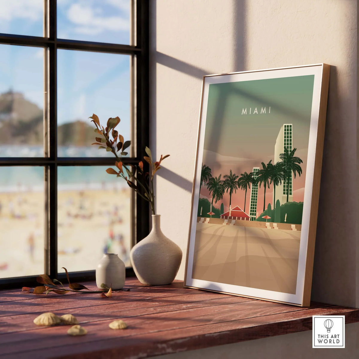 Miami Print Wall Art Poster displayed in a sunny room with beach view, showcasing vintage-inspired design and palm trees.
