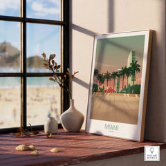 Miami Wall Art Poster Print featuring palm trees and beach view, perfect for home decor and travel inspiration.