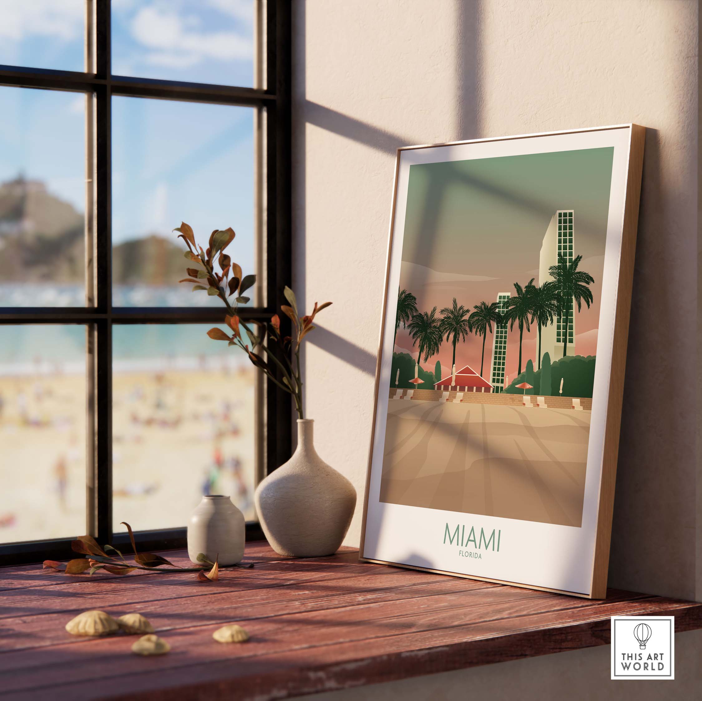 Miami Wall Art Poster Print featuring palm trees and beach view, perfect for home decor and travel inspiration.
