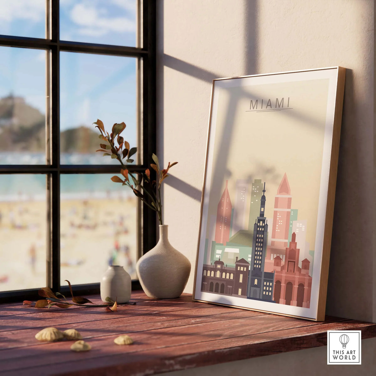 Miami Skyline Wall Art Print displayed in a stylish interior setting with warm pastel tones.