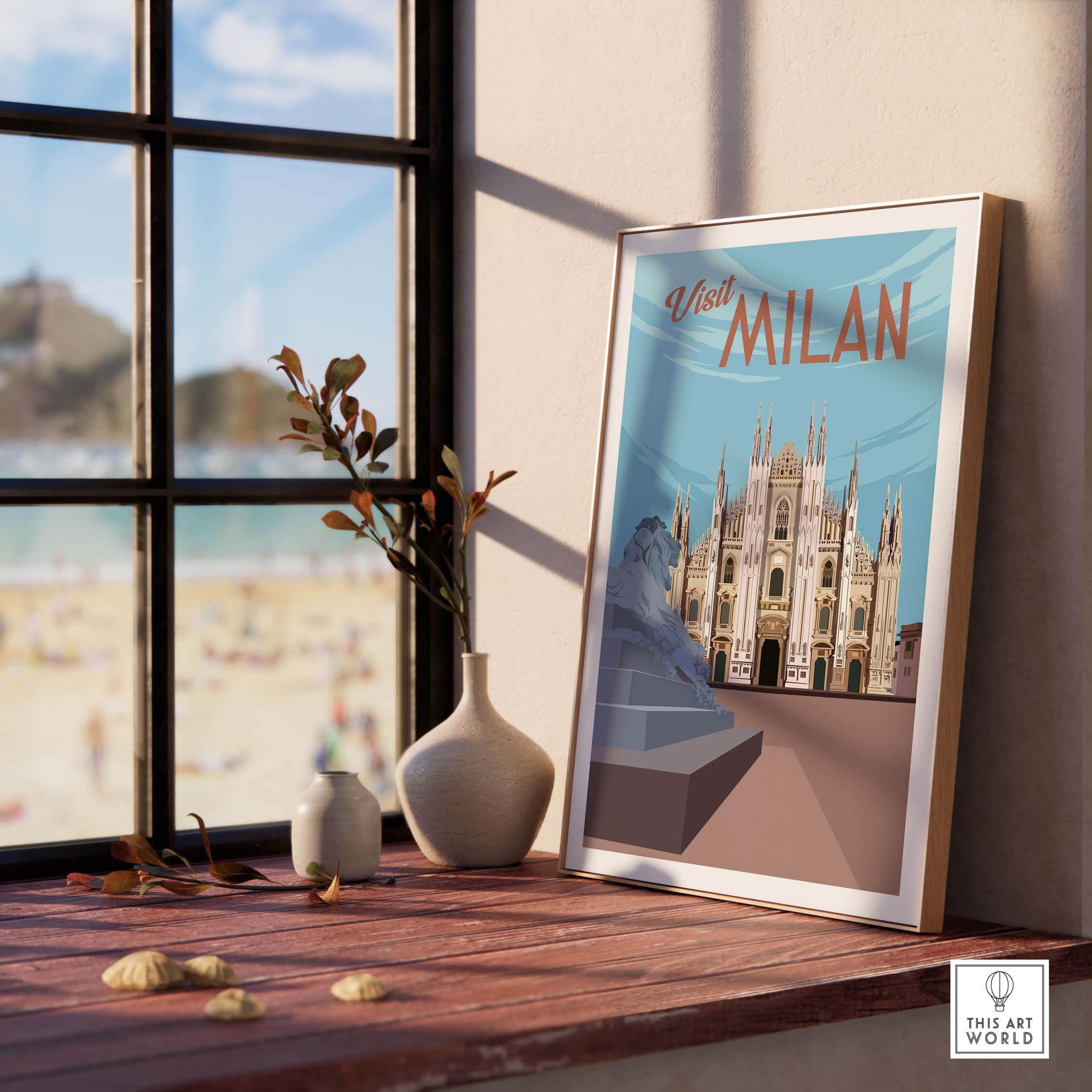 Milan Print Poster Wall Art showcasing vintage architecture, framed artwork on a wooden table with a vase and natural light.