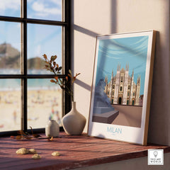 Milan Print Italy Poster displayed in a stylish interior, showcasing a vintage-inspired travel artwork.