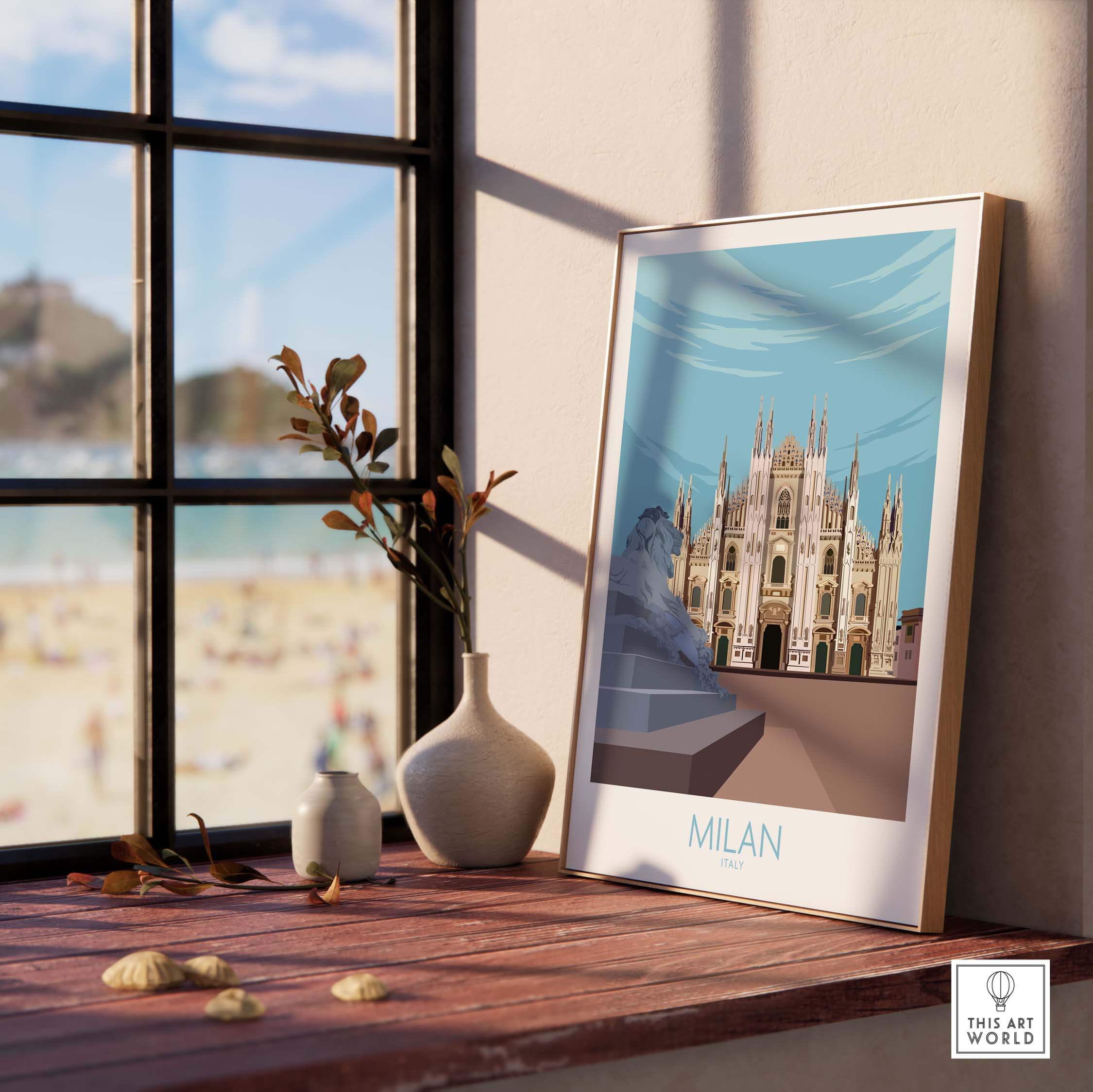 Milan Print Italy Poster displayed in a stylish interior, showcasing a vintage-inspired travel artwork.