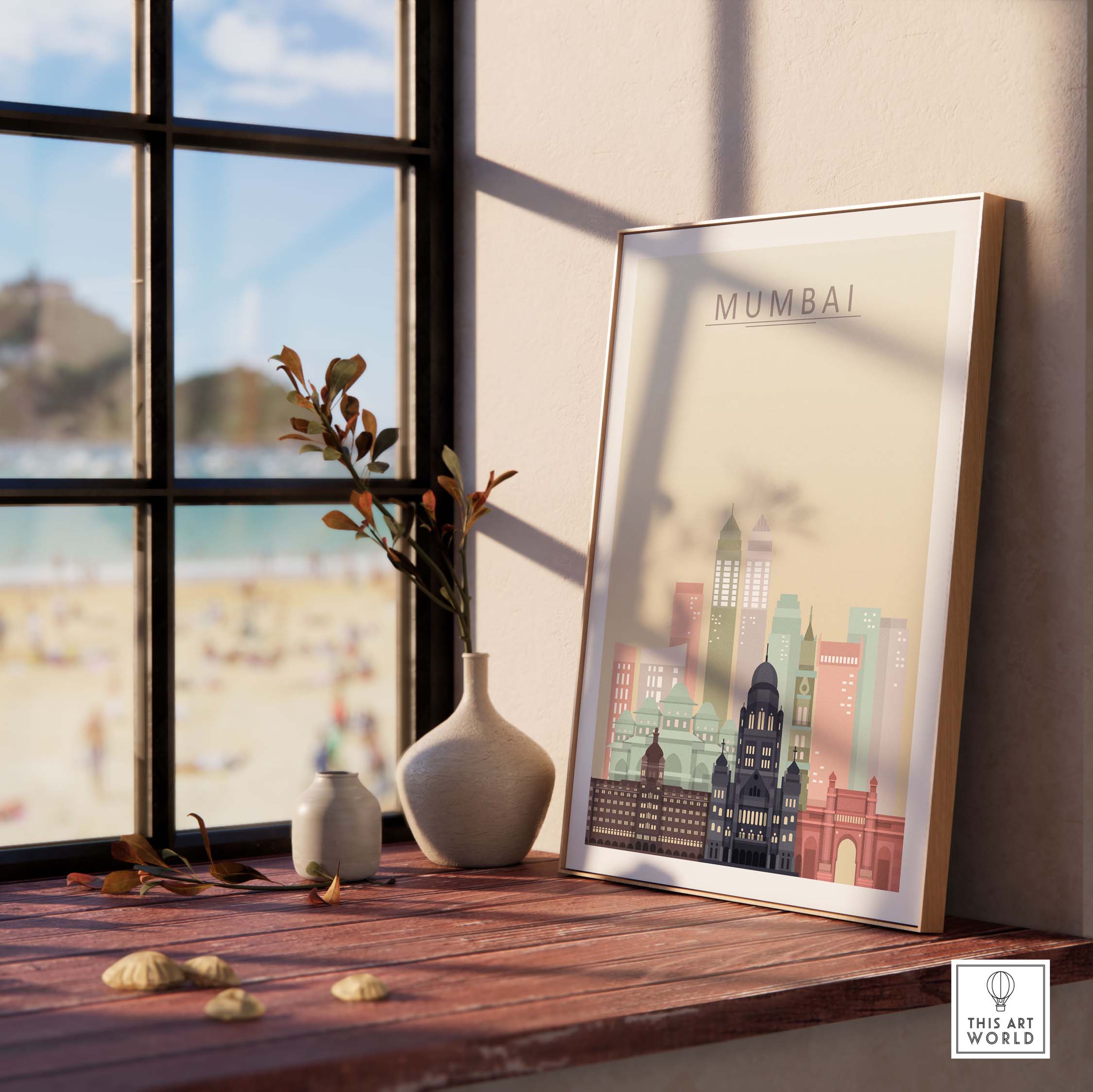 Mumbai skyline wall art print in a stylish frame, showcasing iconic buildings in warm pastel tones.