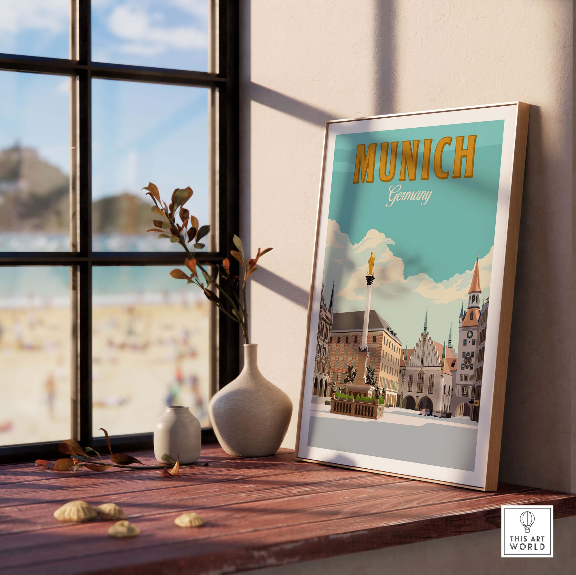 Munich Germany print displayed in a sunlit room, showcasing vintage-inspired wall art.