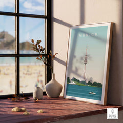 Munich print travel poster displayed in a stylish interior, showcasing a vintage design inspired by Germany's cityscape.