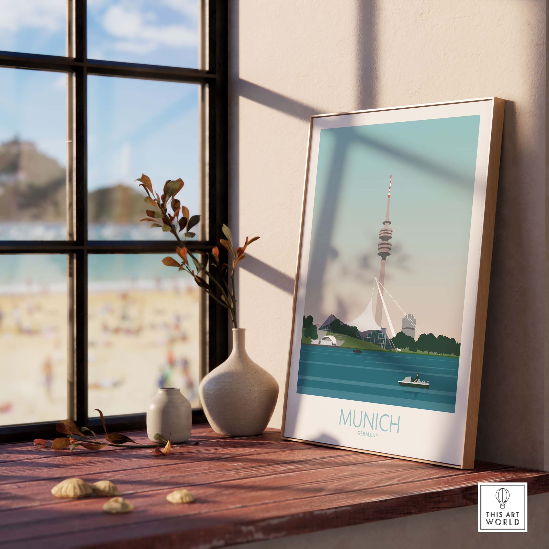Munich poster travel print displayed in a stylish interior, featuring the Munich TV tower and water scene.