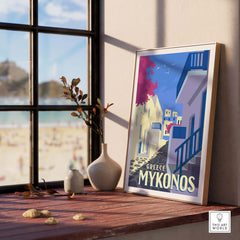 Mykonos Poster Wall Art Print featuring vintage-inspired design showcasing Greece's iconic architecture.