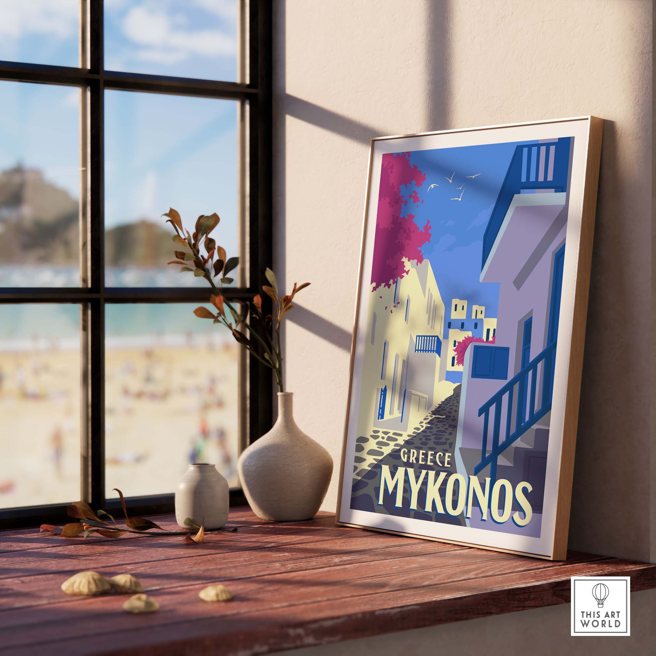 Mykonos Poster Wall Art Print featuring vintage-inspired design showcasing Greece's iconic architecture.