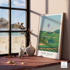 Napa Valley Print showcasing vineyards and hot air balloons, framed art for travel enthusiasts and home decor.