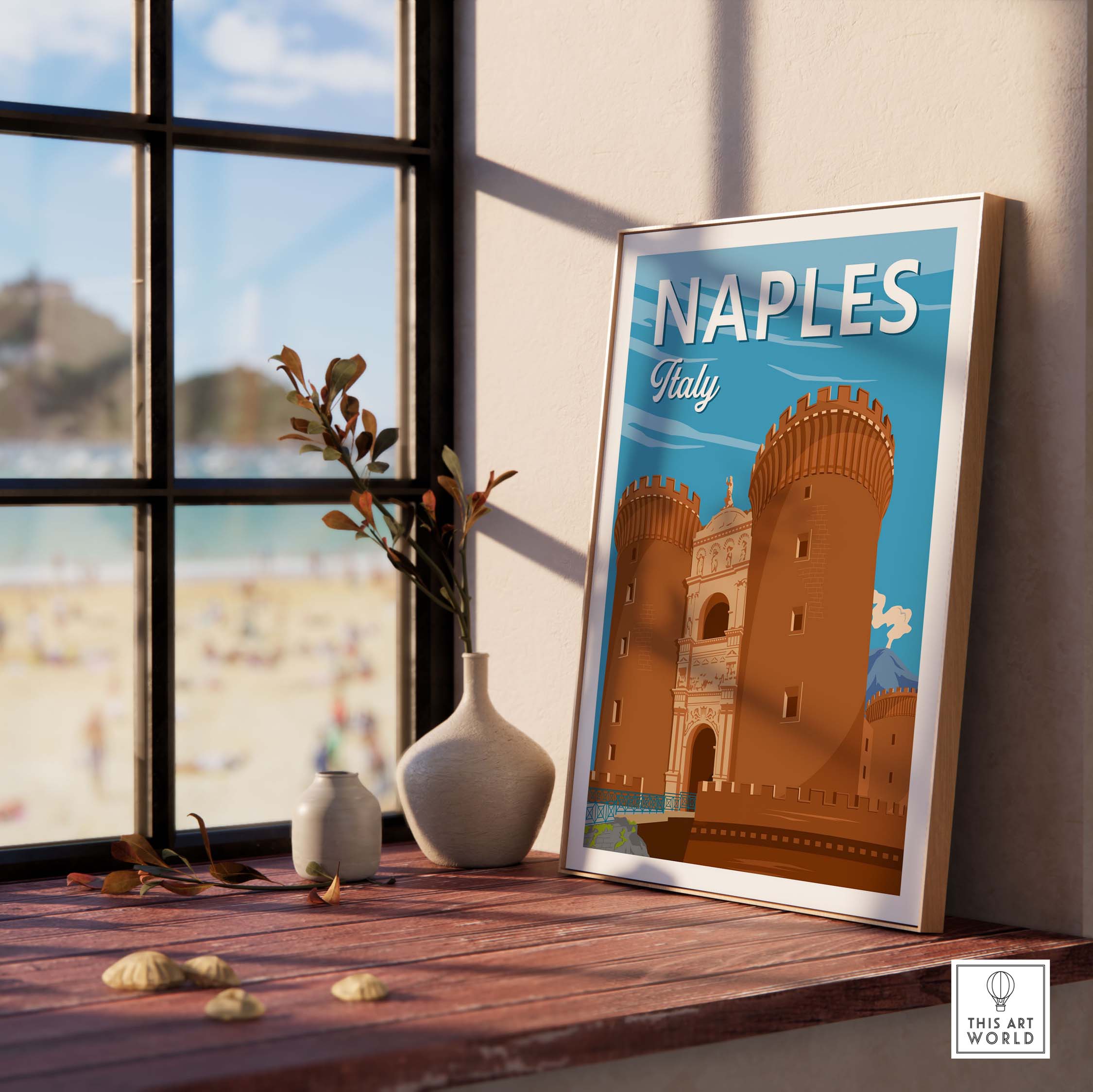Framed Naples Italy print showcasing a vintage travel poster style, placed by a window with a beach view.