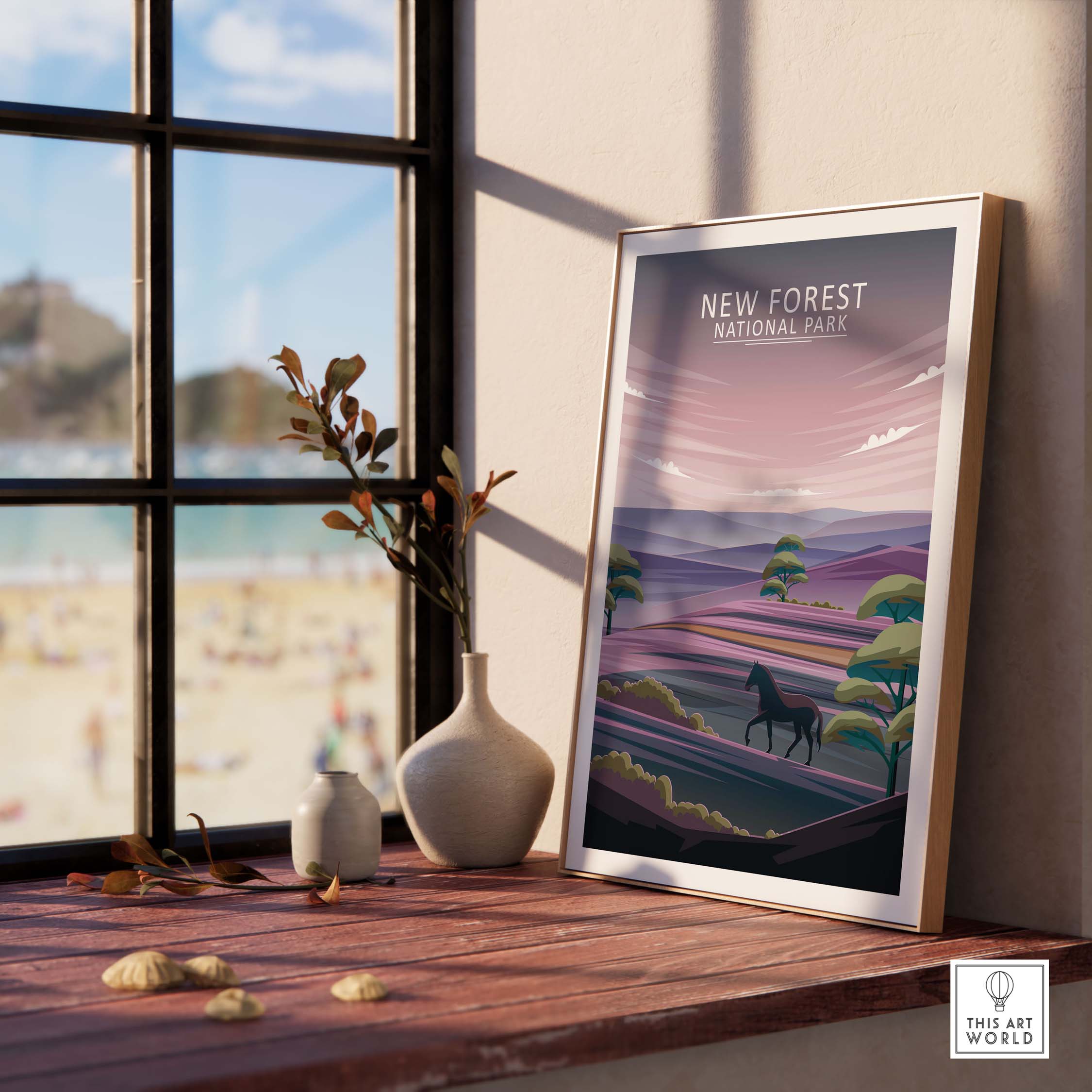 Framed New Forest National Park poster showcasing minimalist landscape art in a stylish home setting.
