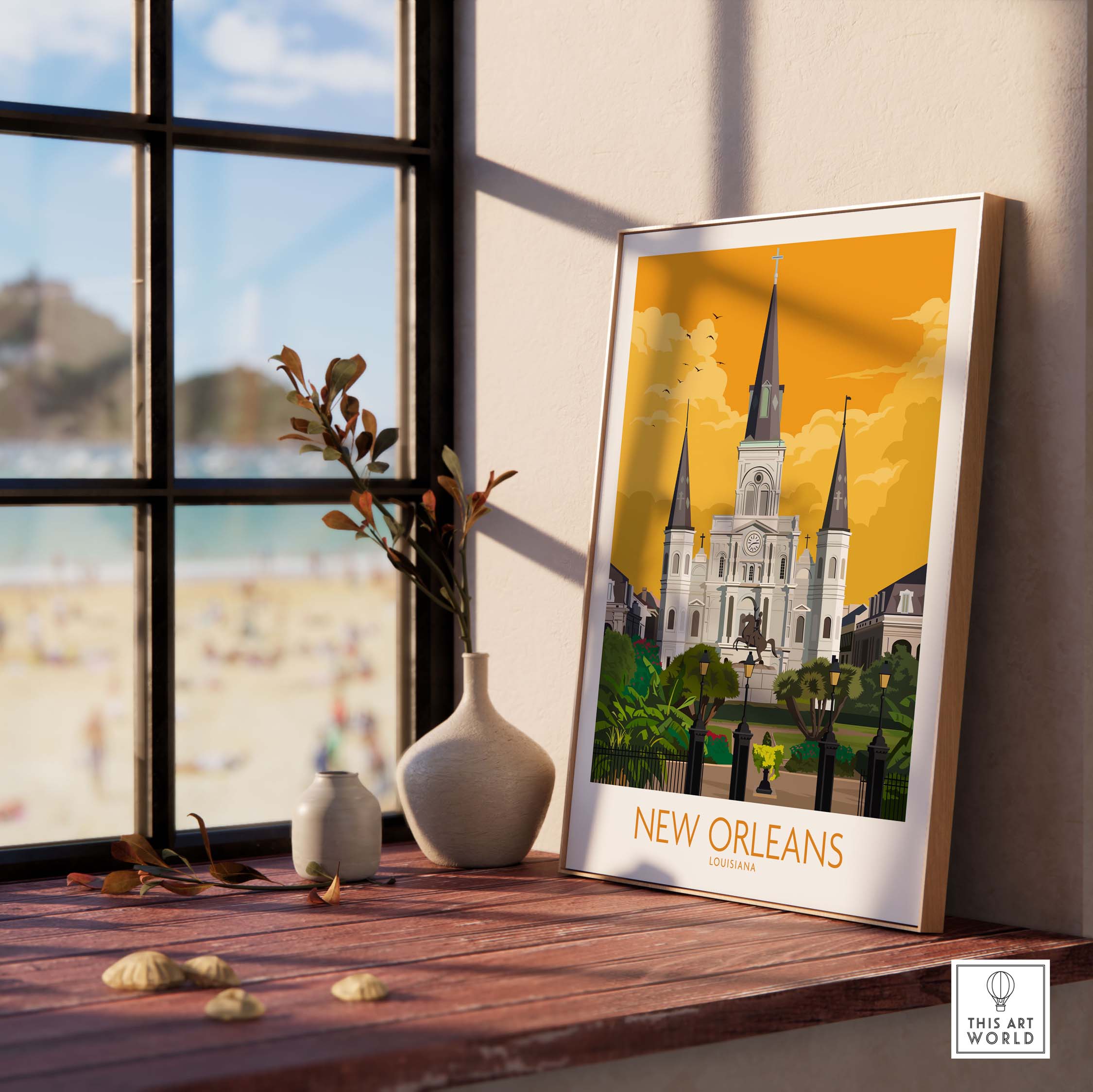 Stylish New Orleans poster art featuring a church, framed by a window overlooking a beach, embodying wanderlust.