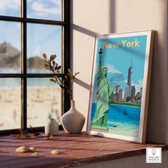 Vintage New York print poster featuring the Statue of Liberty and skyline, displayed in a cozy indoor setting.