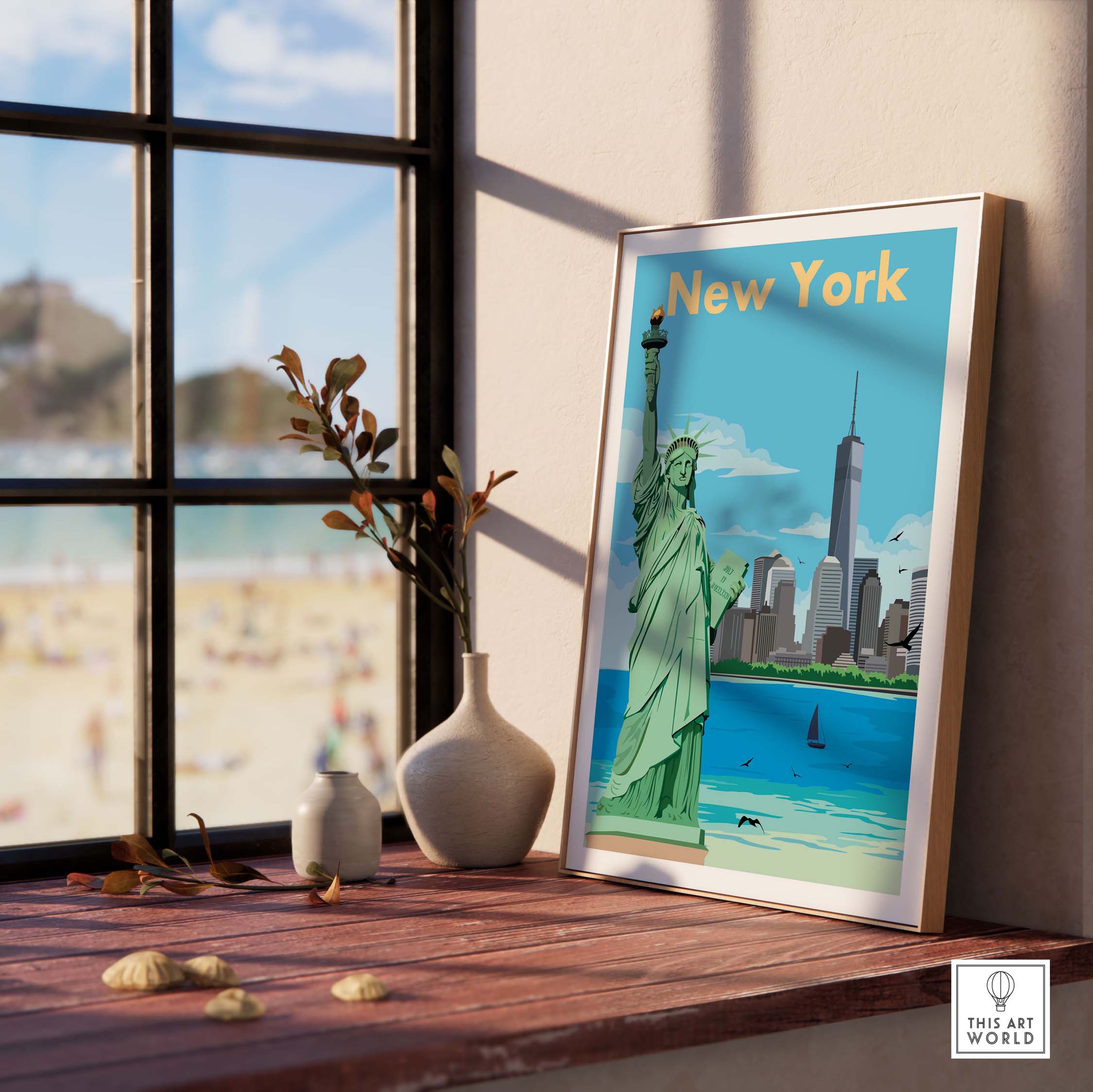 Vintage New York print poster featuring the Statue of Liberty and skyline, displayed in a cozy indoor setting.