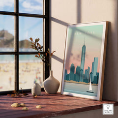 New York City Print Wall Art Poster displayed in a stylish interior with a beach view, highlighting wanderlust and vintage design.