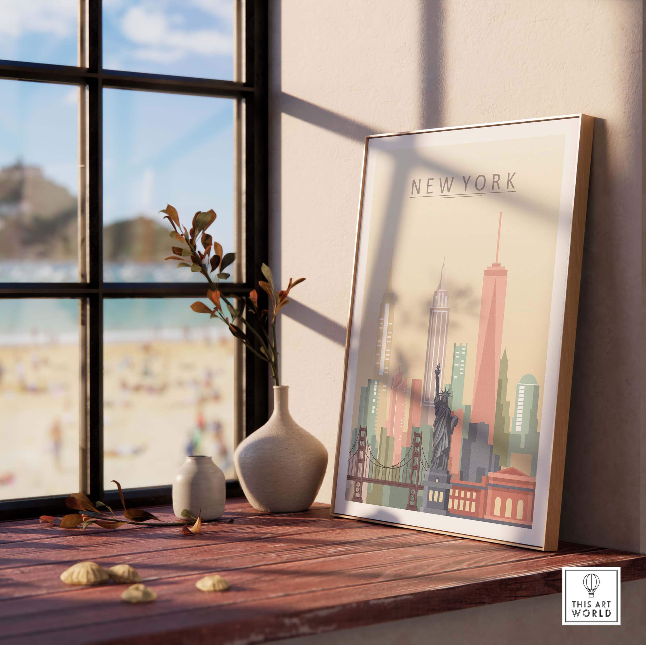 New York City skyline print on a wooden table, featuring iconic buildings and warm pastel tones, with a beach view outside.