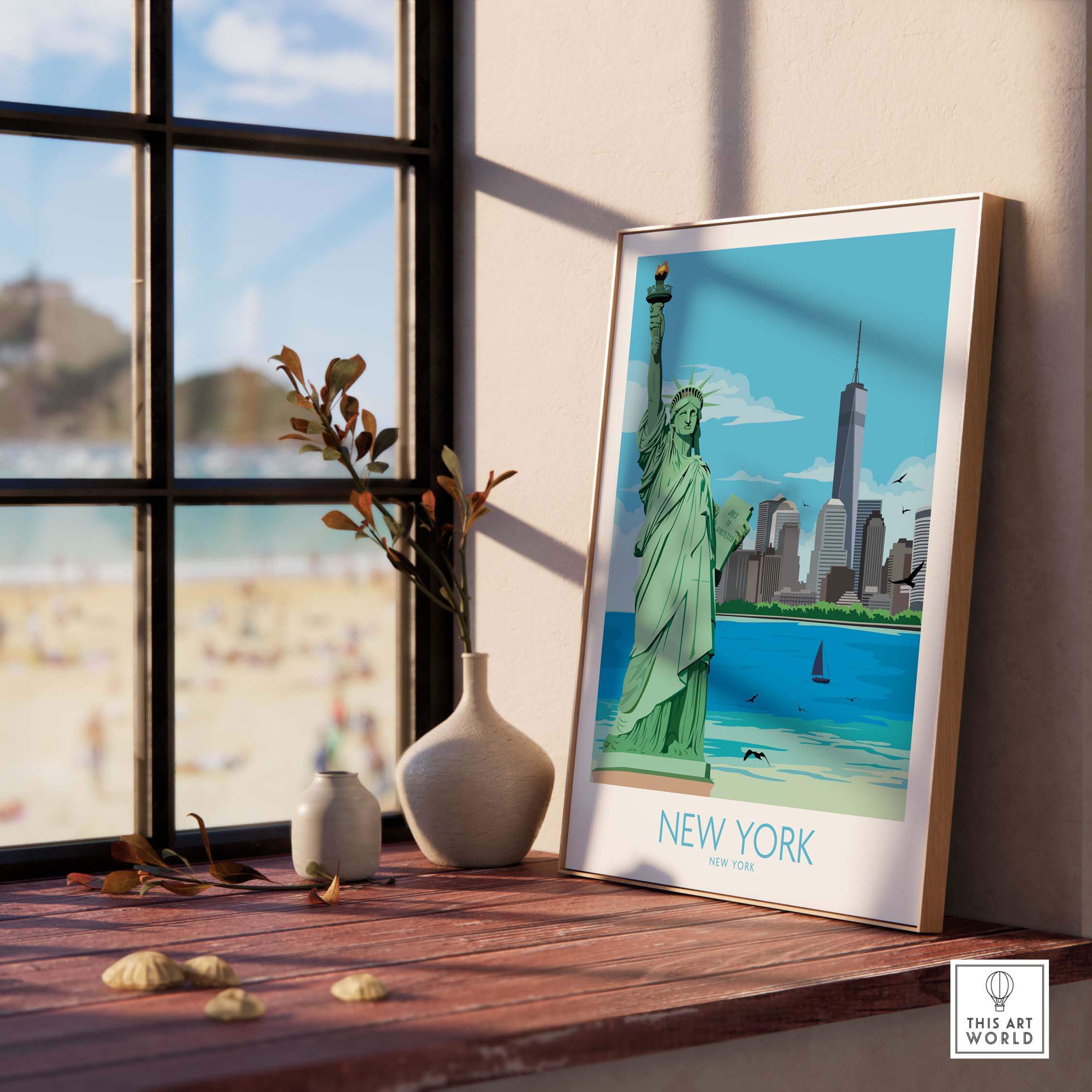 Framed New York City poster showcasing the Statue of Liberty and skyline, perfect for travel art lovers.