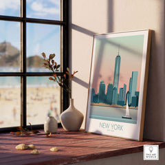New York Print Poster featuring skyline view with sunset, perfect for home or office decor.