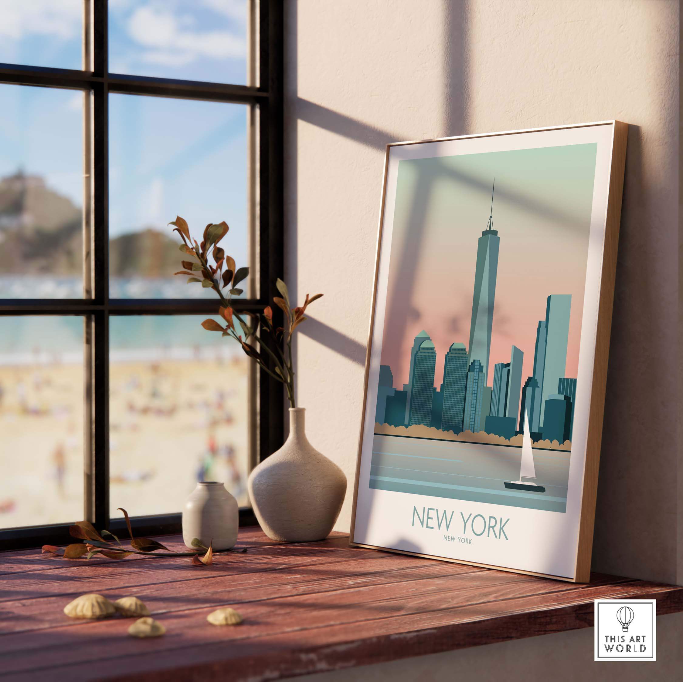 New York Print Poster featuring skyline view with sunset, perfect for home or office decor.