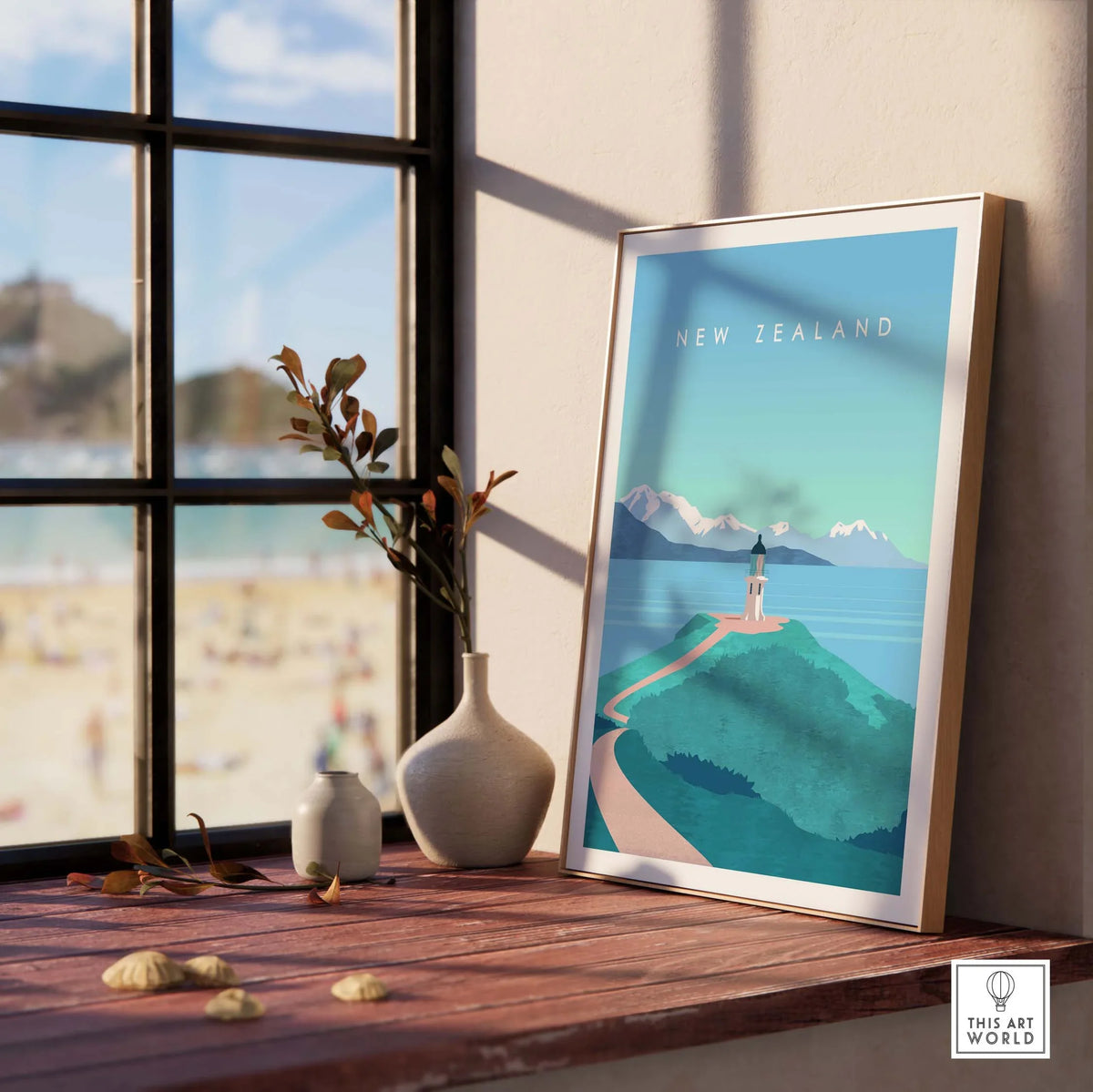 New Zealand Print Wall Art Poster featuring a scenic lighthouse and mountains, ideal for travel enthusiasts.