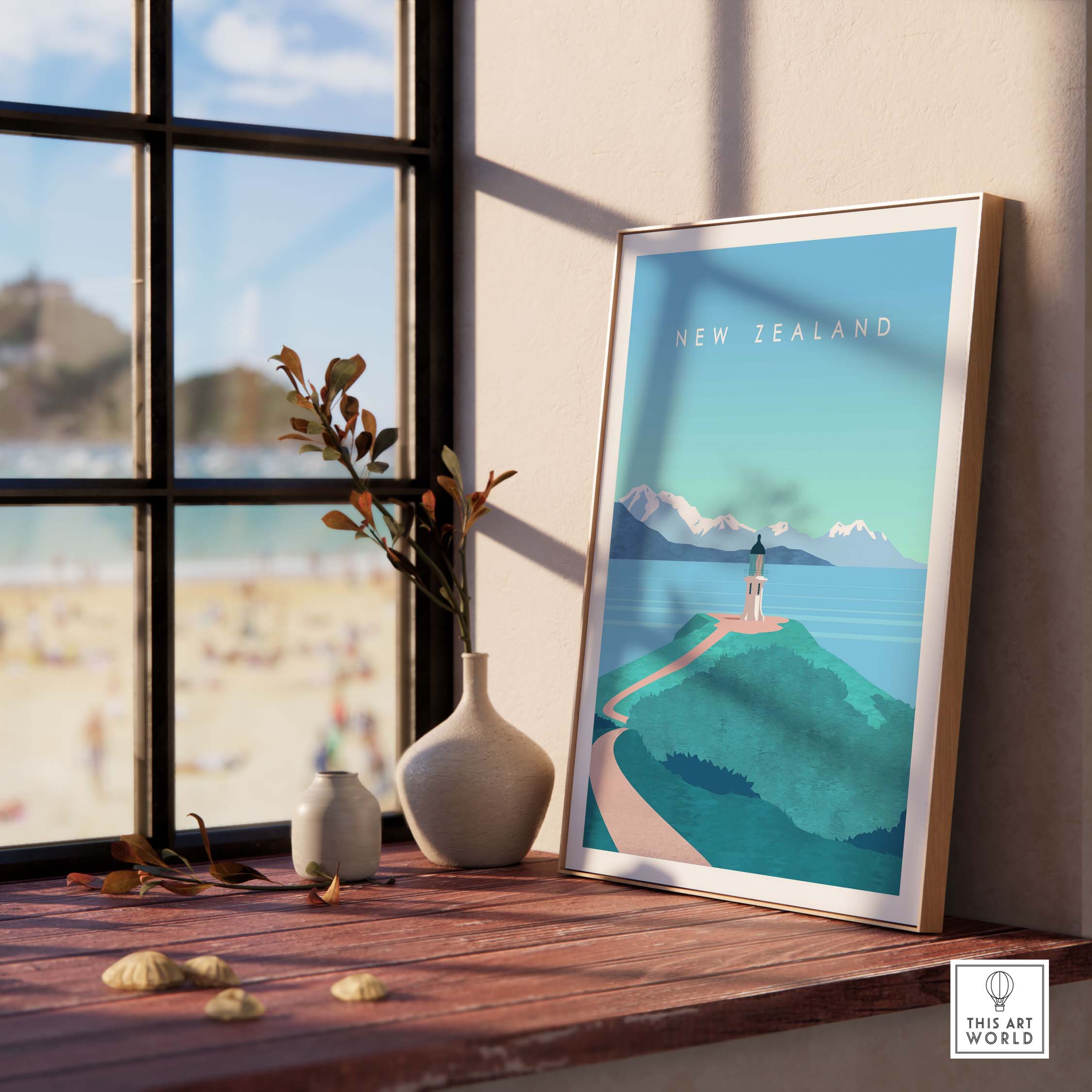 New Zealand Print Wall Art Poster featuring a scenic lighthouse and mountains, ideal for travel enthusiasts.