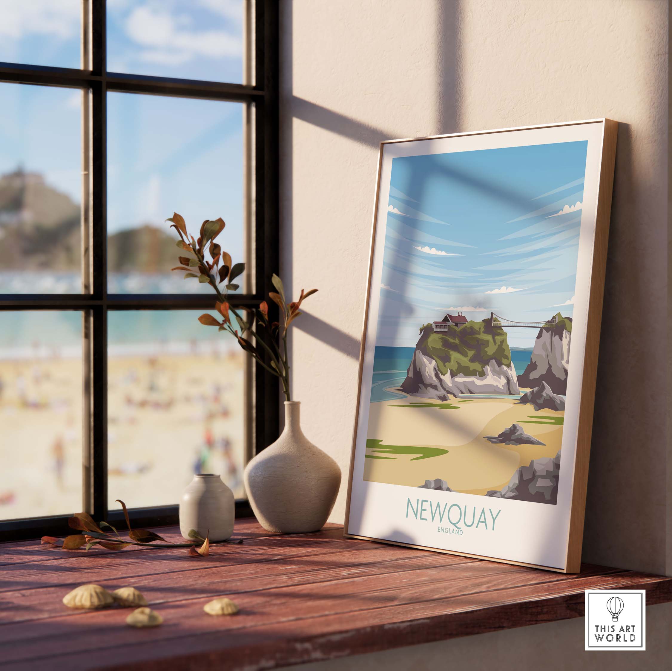Newquay Cornwall travel poster displayed indoors, framing a beach scene, adding style to home decor.
