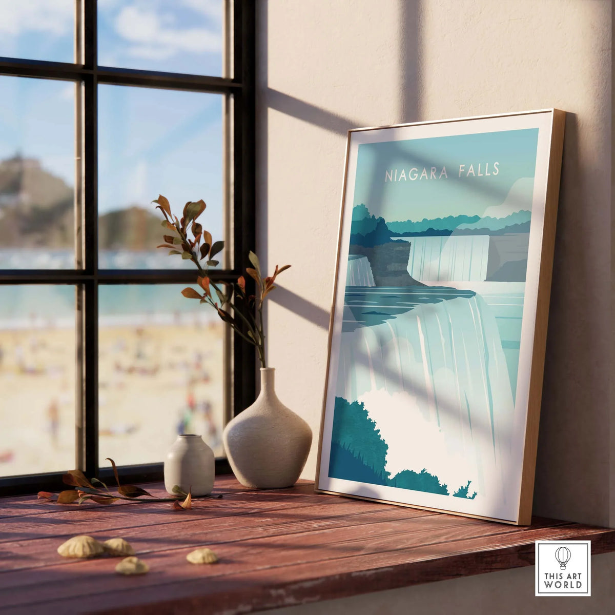 Niagara Falls Print Wall Art Poster displayed on a windowsill with decorative items, evoking wanderlust and nostalgia.