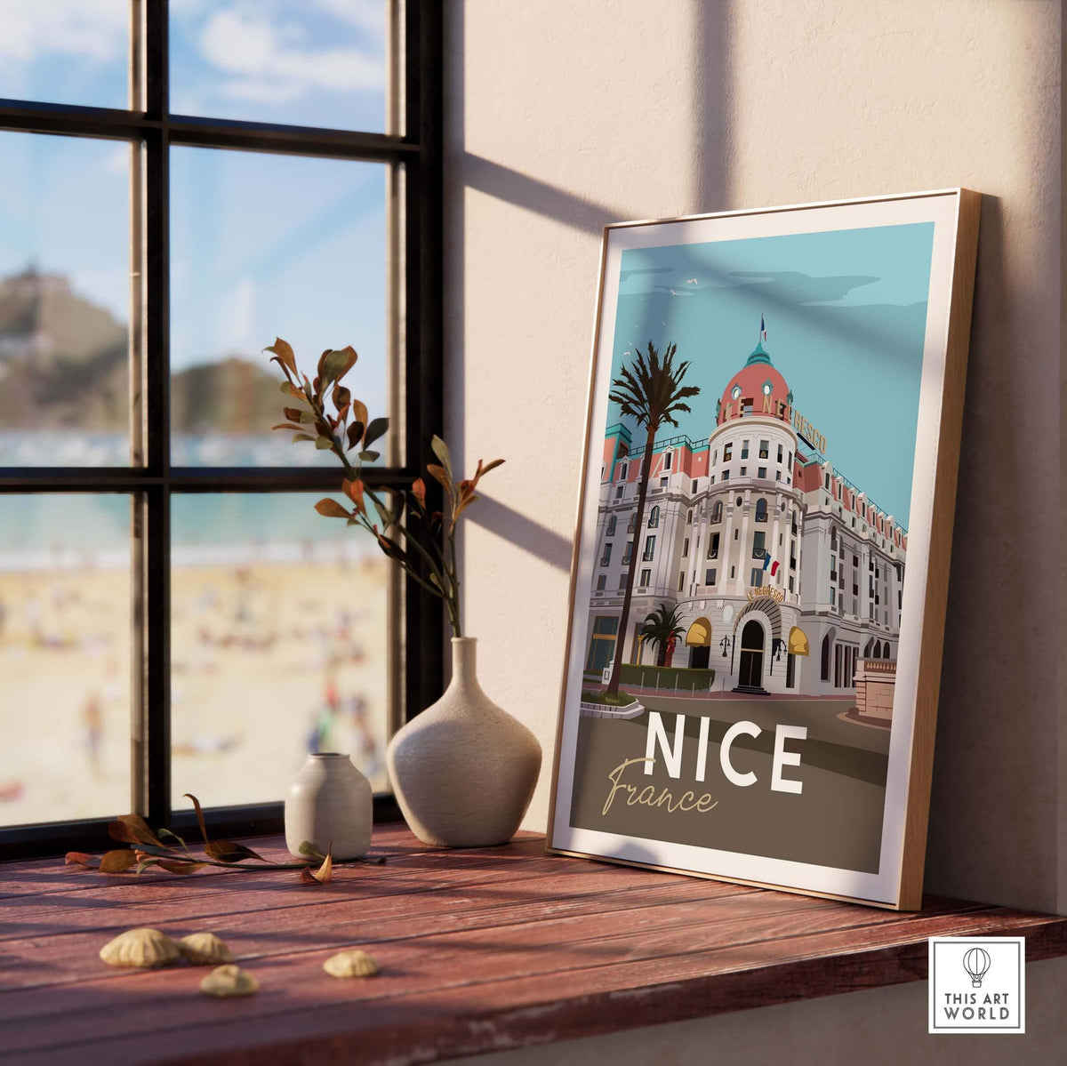 Nice France vintage travel poster, framed wall art, showcasing iconic architecture and coastal beauty.