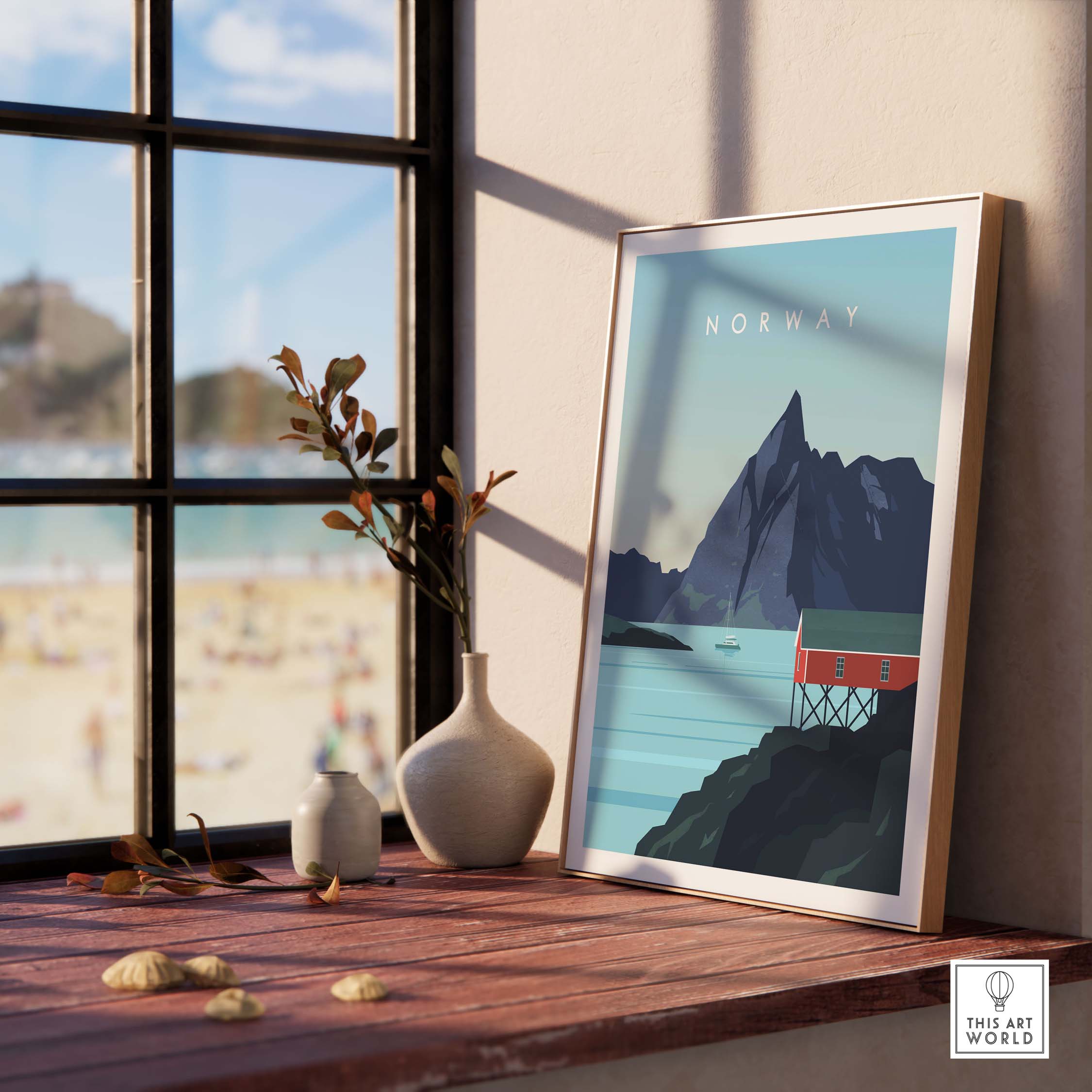 Norway Print Wall Art Poster depicting coastal landscape with mountains, framed and styled in a modern interior setting.