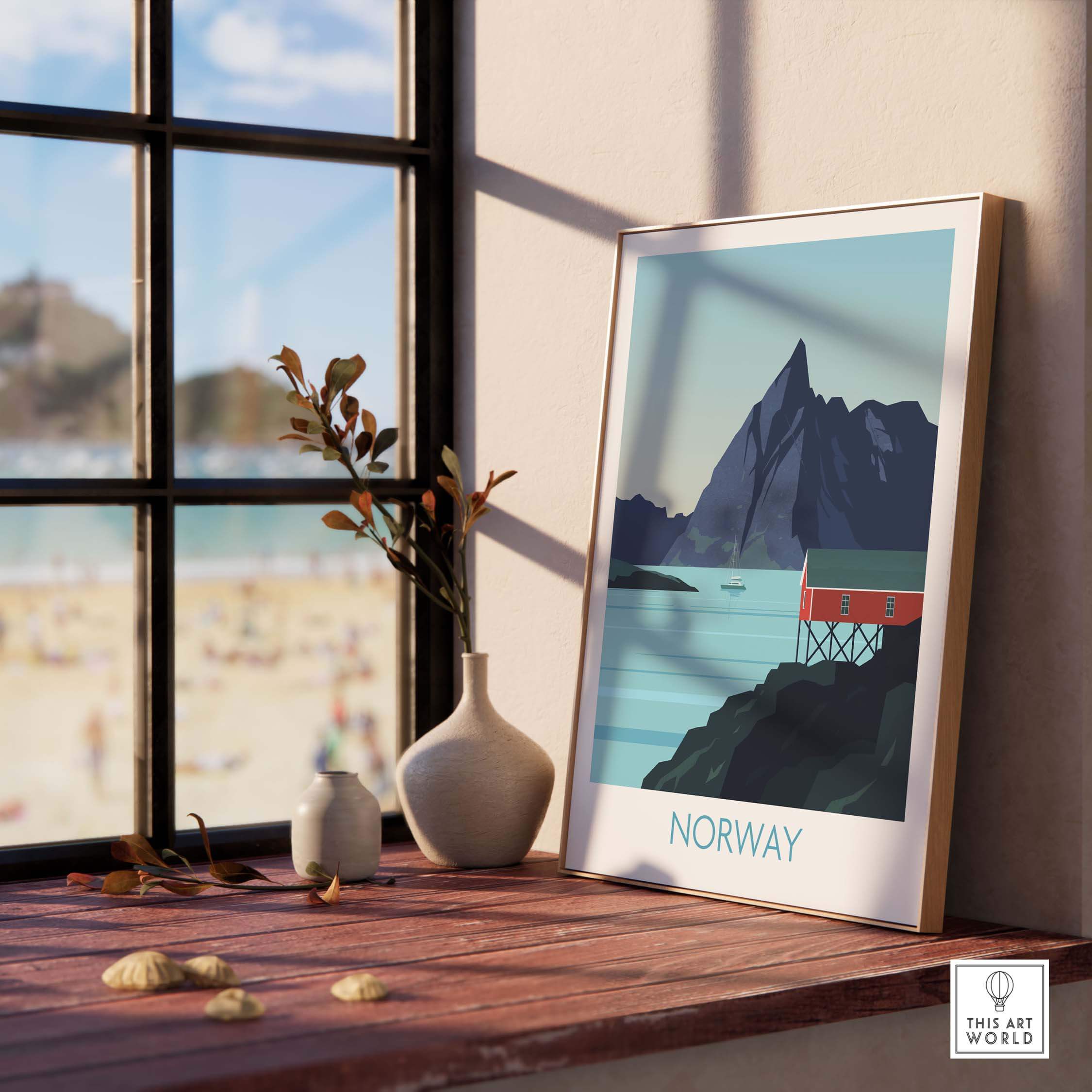 Norway Print Travel Poster displayed indoors, showcasing Nordic landscapes and vintage design for home or office decor.