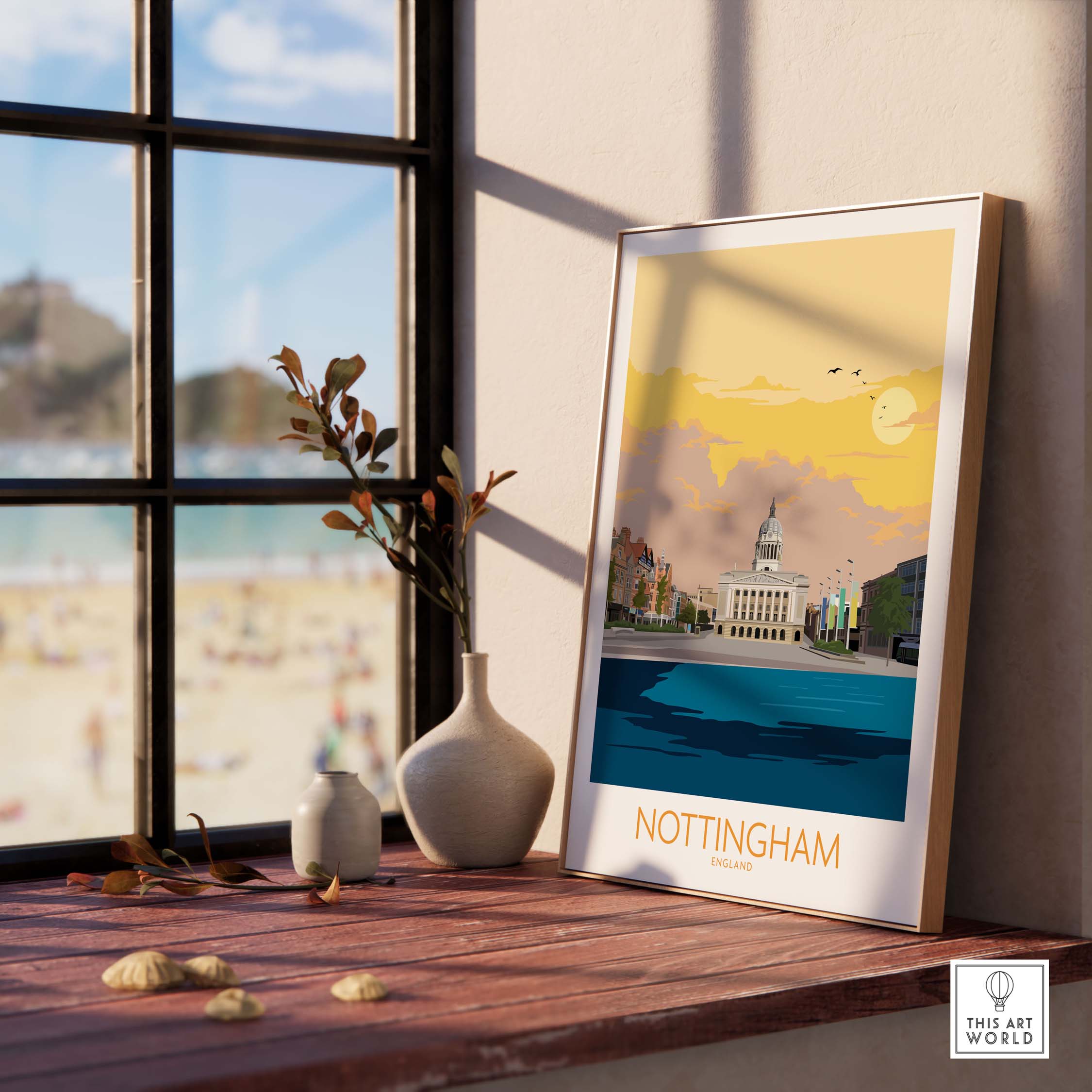 Nottingham Poster Print showcasing vintage travel art, framed and displayed by a sunny window with beach view.