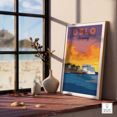 Oslo Print Norway framed under a window, showcasing a colorful vintage travel poster of Oslo's scenic waterfront.